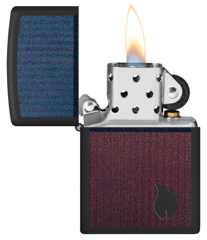 Zippo Color Block Flame Design Black Matte Windproof Lighter with its lid open and lit.