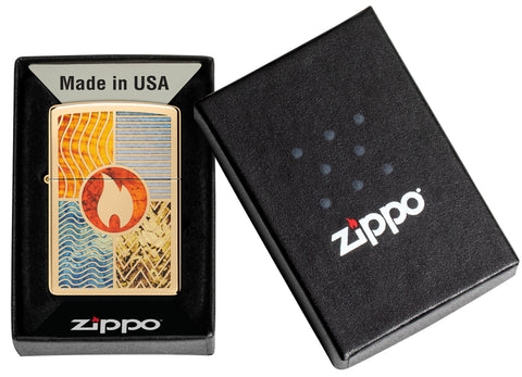 Zippo Elements of Earth Design High Polish Brass Windproof Lighter in its packaging.