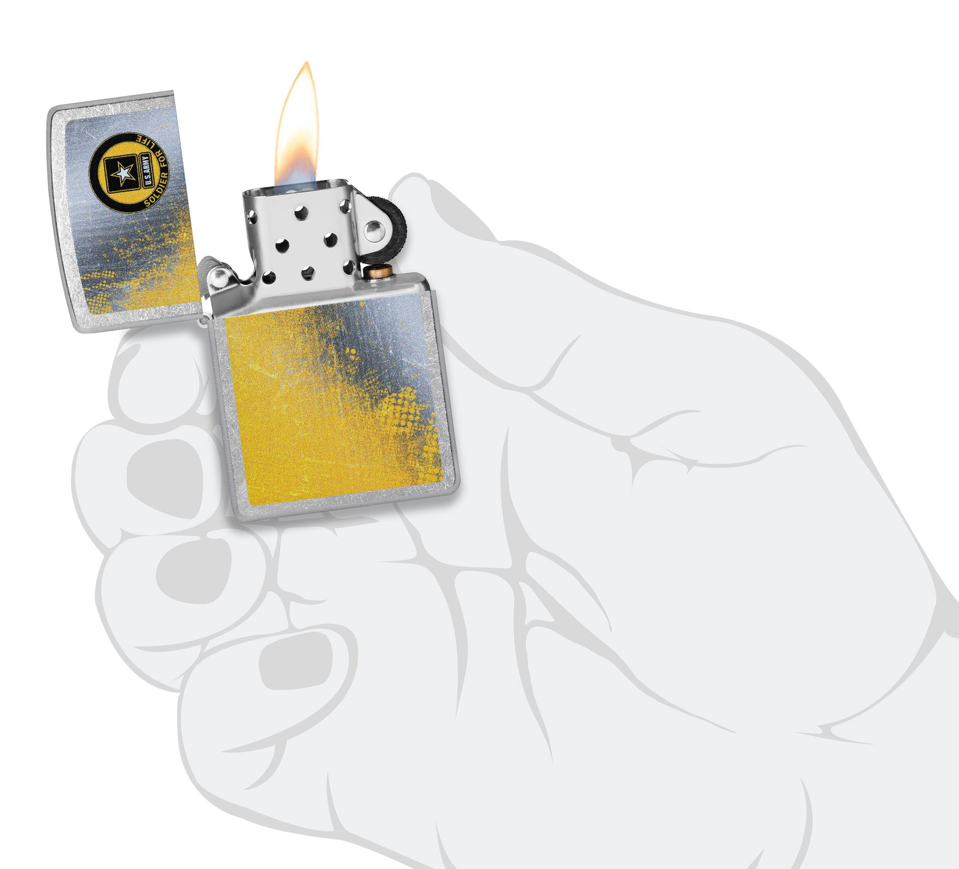 Zippo U.S. ArmyÂ® Soldier for Life Street Chrome Windproof Lighter lit in hand.
