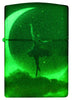 Front shot of Zippo Mythological Design Glow in the Dark Green Matte Windproof Lighter glowing in the dark.