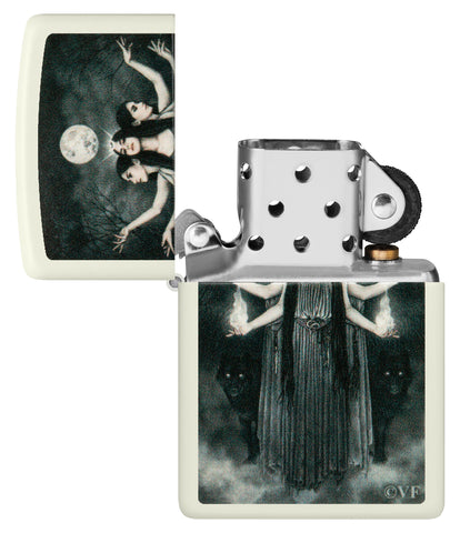 Zippo Victoria Frances Glow in the Dark Green Matte Windproof Lighter with its lid open and unlit.