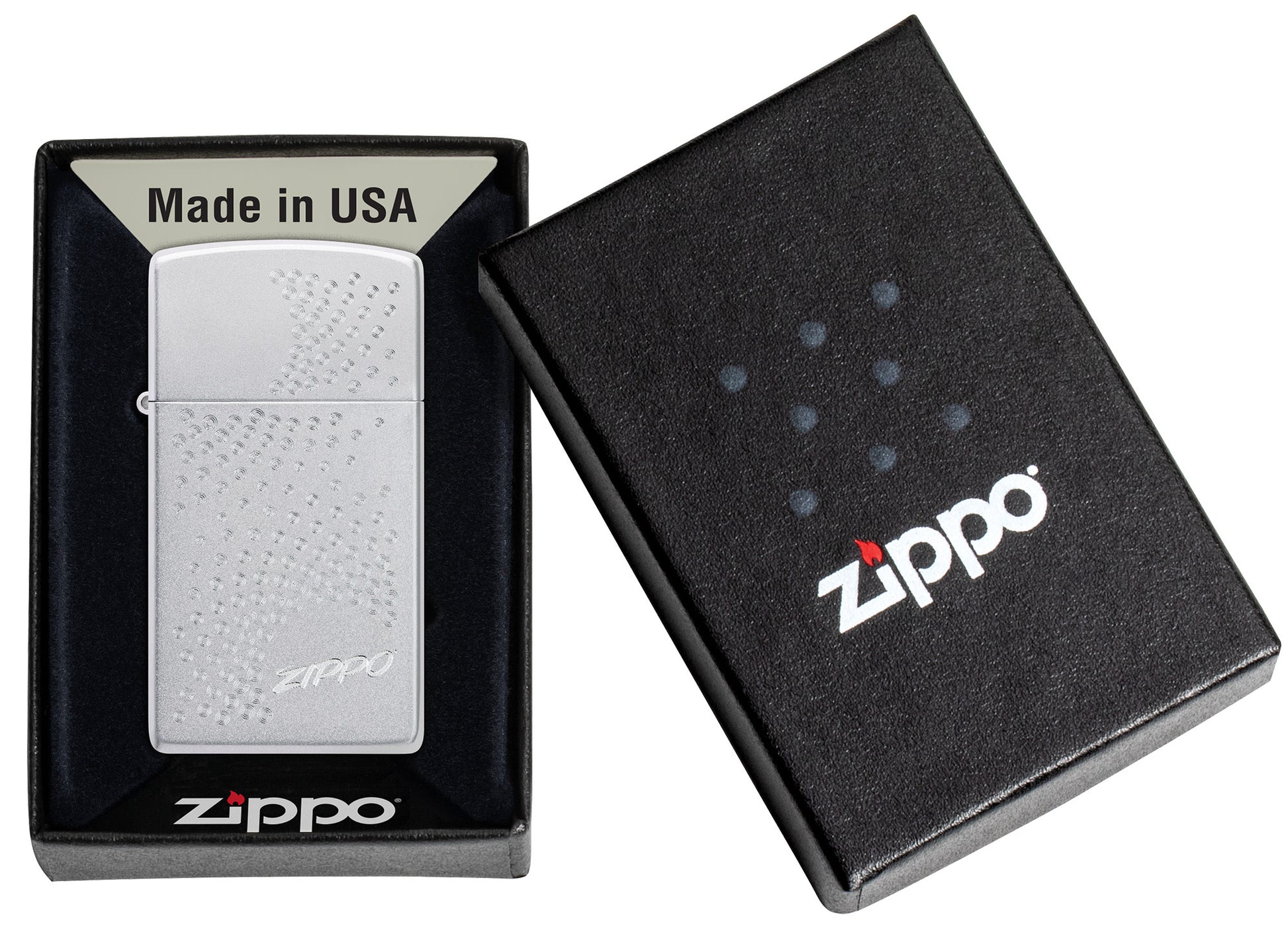 SlimÂ® Zippo Dot Design Satin Chrome Windproof Lighter in its packaging.