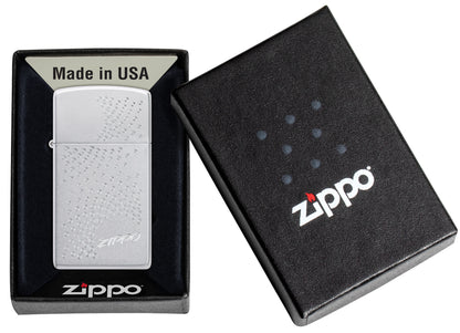SlimÂ® Zippo Dot Design Satin Chrome Windproof Lighter in its packaging.