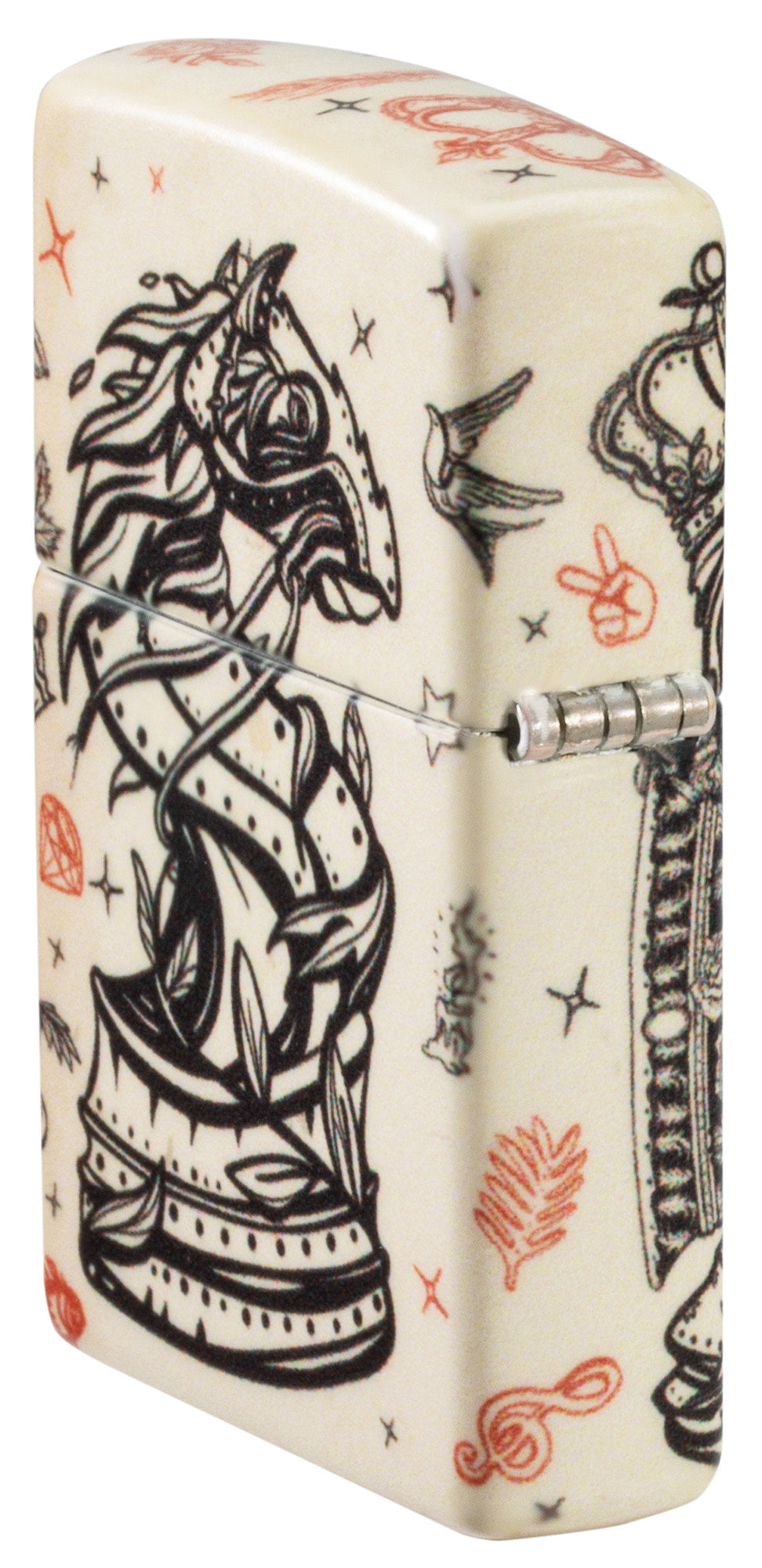 Angled shot of Zippo Checkmate Design 540 Matte Windproof Lighter showing the back and hinge side of the lighter.
