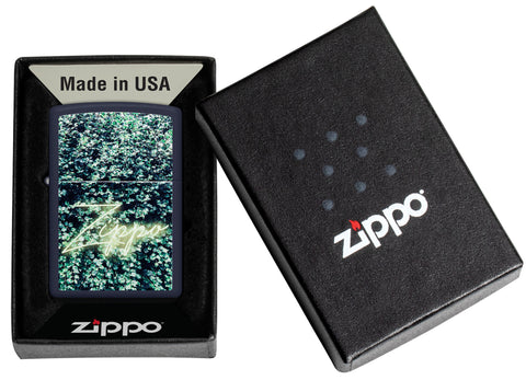 Zippo Design Navy Matte Windproof Lighter in its packaging.