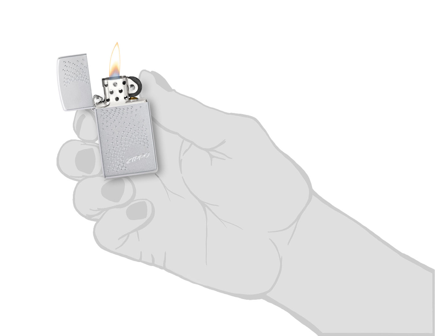 SlimÂ® Zippo Dot Design Satin Chrome Windproof Lighter lit in hand.