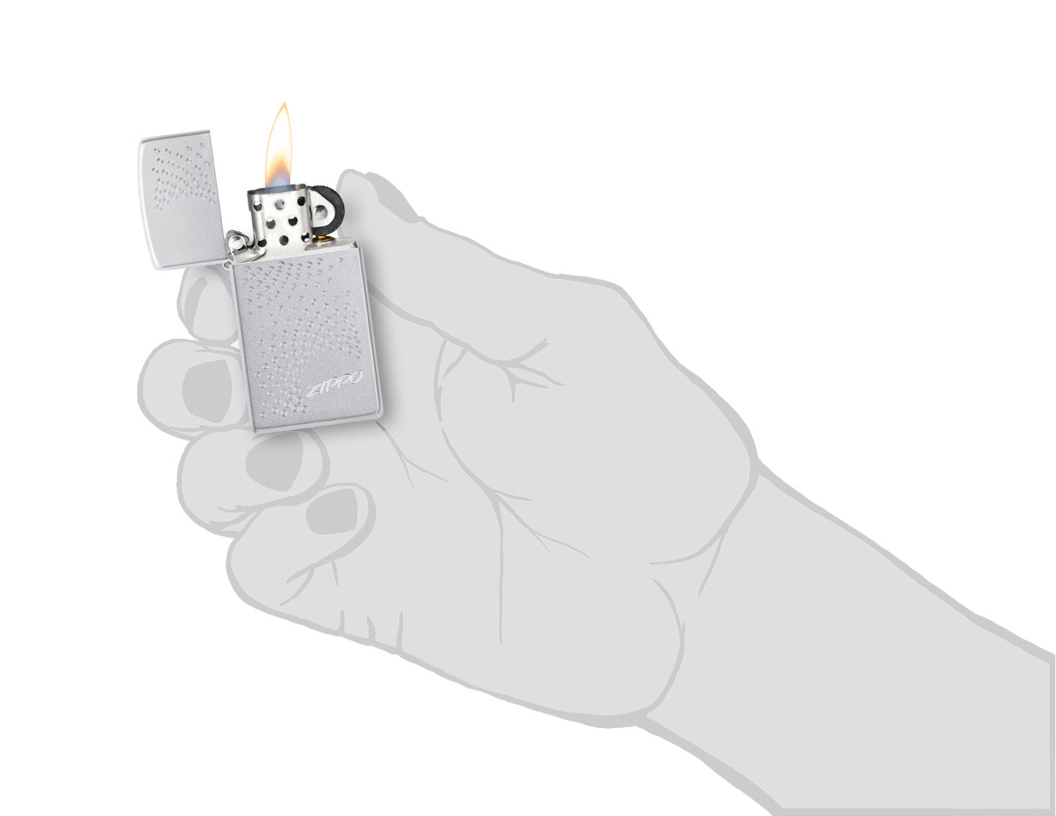 SlimÂ® Zippo Dot Design Satin Chrome Windproof Lighter lit in hand.