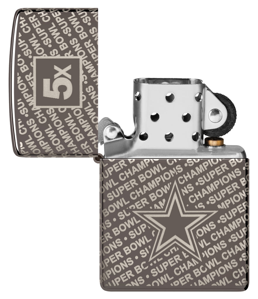 Zippo NFL Dallas Cowboys Super Bowl Commemorative Armor Black Ice Windproof Lighter with its lid open and unlit.