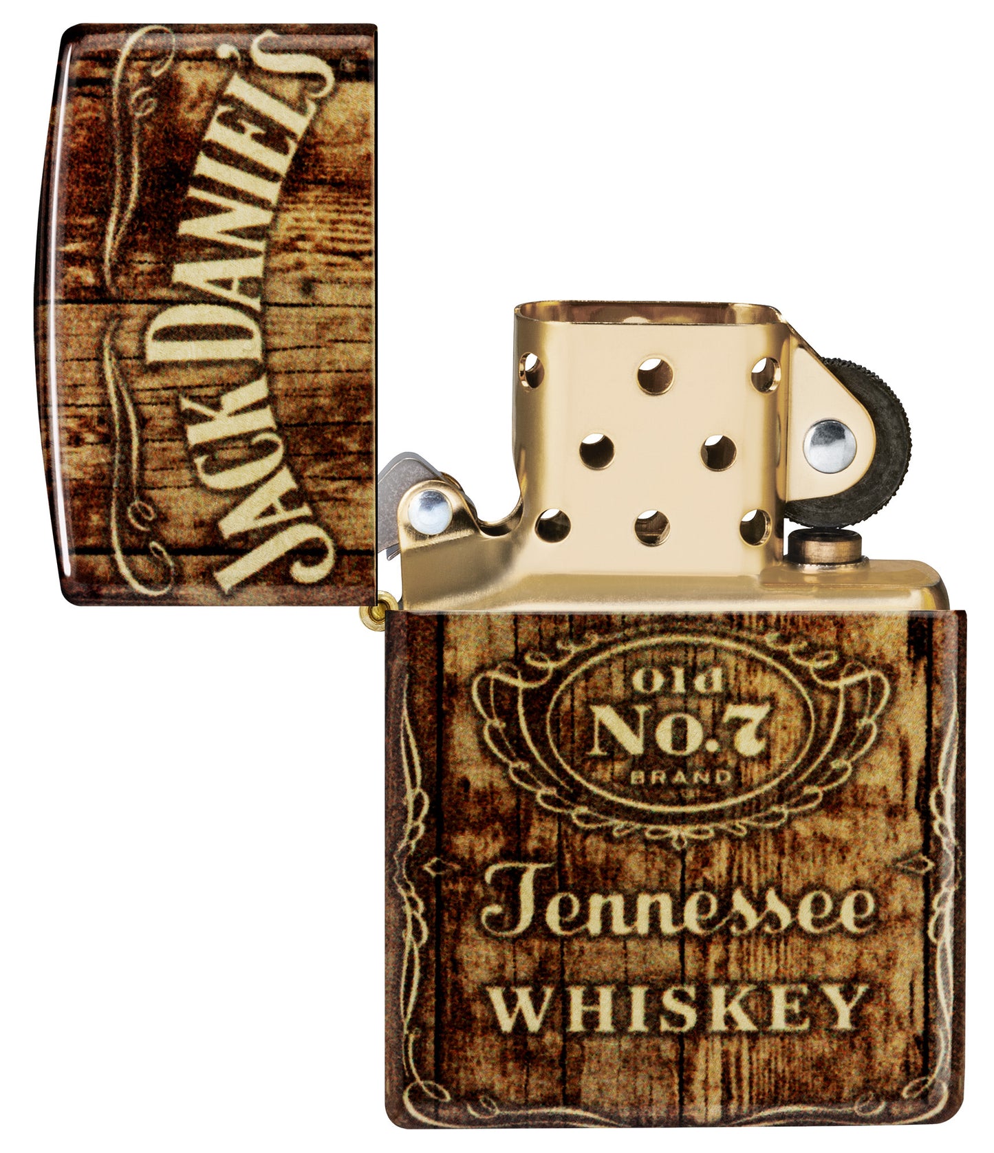 Zippo Jack Daniel'sÂ® Barrel Design 540 Tumbled Brass Windproof Lighter with its lid open and unlit.