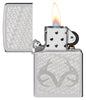 Zippo RealTree High Polish Chrome Windproof Lighter with its lid open and lit.