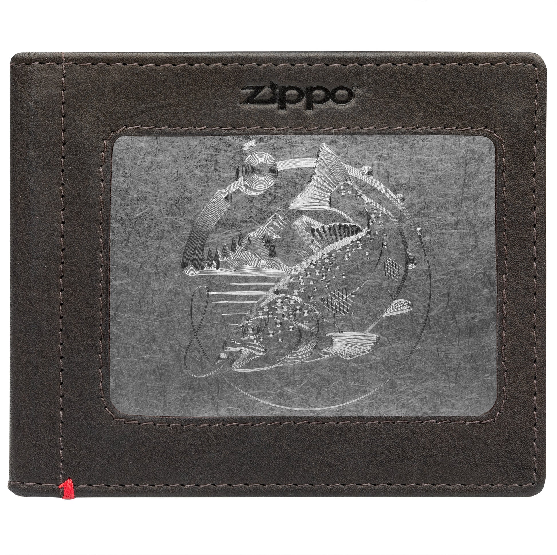 Front of mocha Leather Wallet With Bass Metal Plate - ID Window