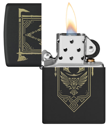 Zippo Assassin's Creed Design Black Matte Windproof Lighter with its lid open and lit.