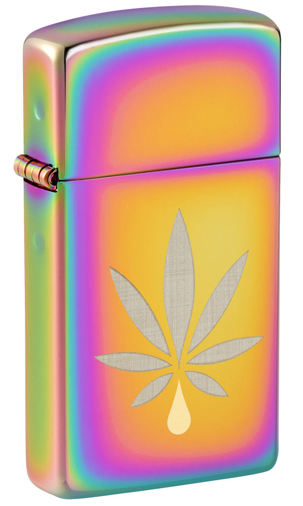 Front shot of Zippo Cannabis Leaf Design Slim Multi Color Windproof Lighter standing at a 3/4 angle.