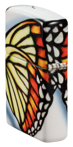 Angled shot of Zippo Butterfly Design 540 Color Windproof Lighter showing the back and hinge side of the lighter.