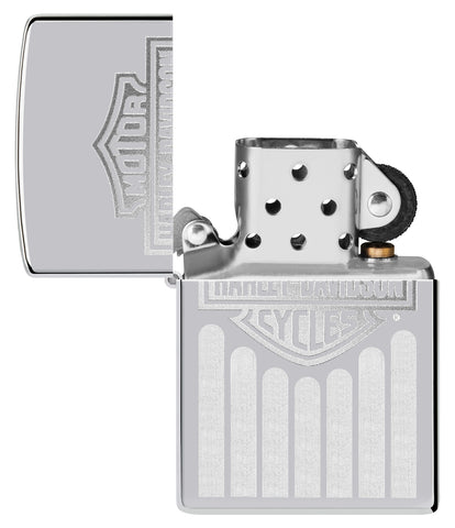 Zippo Harley-Davidson® High Polish Chrome Windproof Lighter with its lid open and unlit.