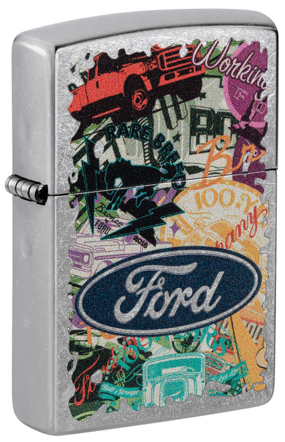 Front shot of Zippo Ford Collage Street Chrome Pocket Lighter standing at a 3/4 angle.