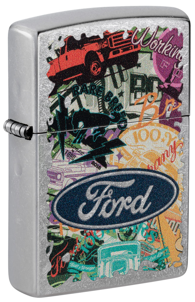 Front shot of Zippo Ford Collage Street Chrome Pocket Lighter standing at a 3/4 angle.