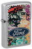 Front shot of Zippo Ford Collage Street Chrome Pocket Lighter standing at a 3/4 angle.