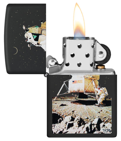 Zippo Norman Rockwell Man on the Moon Black Matte Windproof Lighter with its lid open and lit.