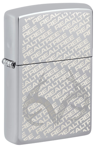 Front shot of Zippo RealTree High Polish Chrome Windproof Lighter standing at a 3/4 angle.