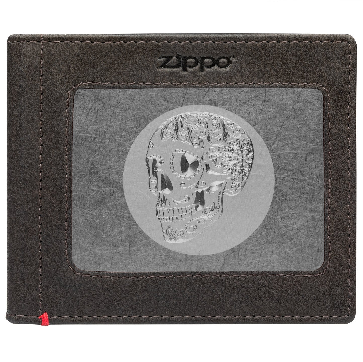 Front of mocha Leather Wallet With Skull Metal Plate - ID Window