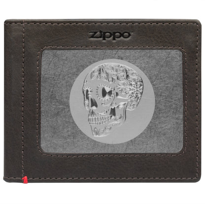 Front of mocha Leather Wallet With Skull Metal Plate - ID Window