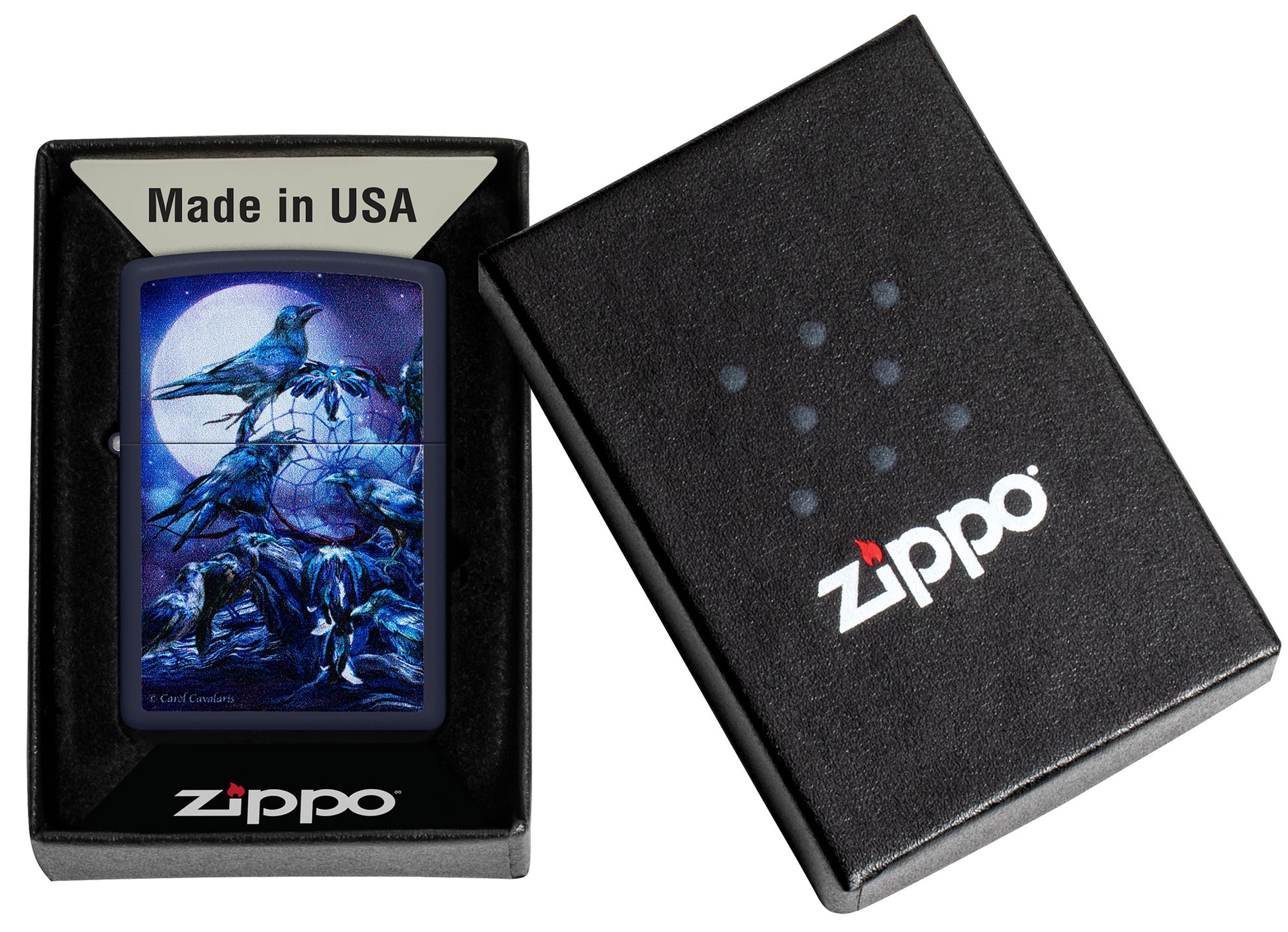 Zippo Carol Cavalaris Raven dreams Design Navy Matte Windproof Lighter in its packaging.