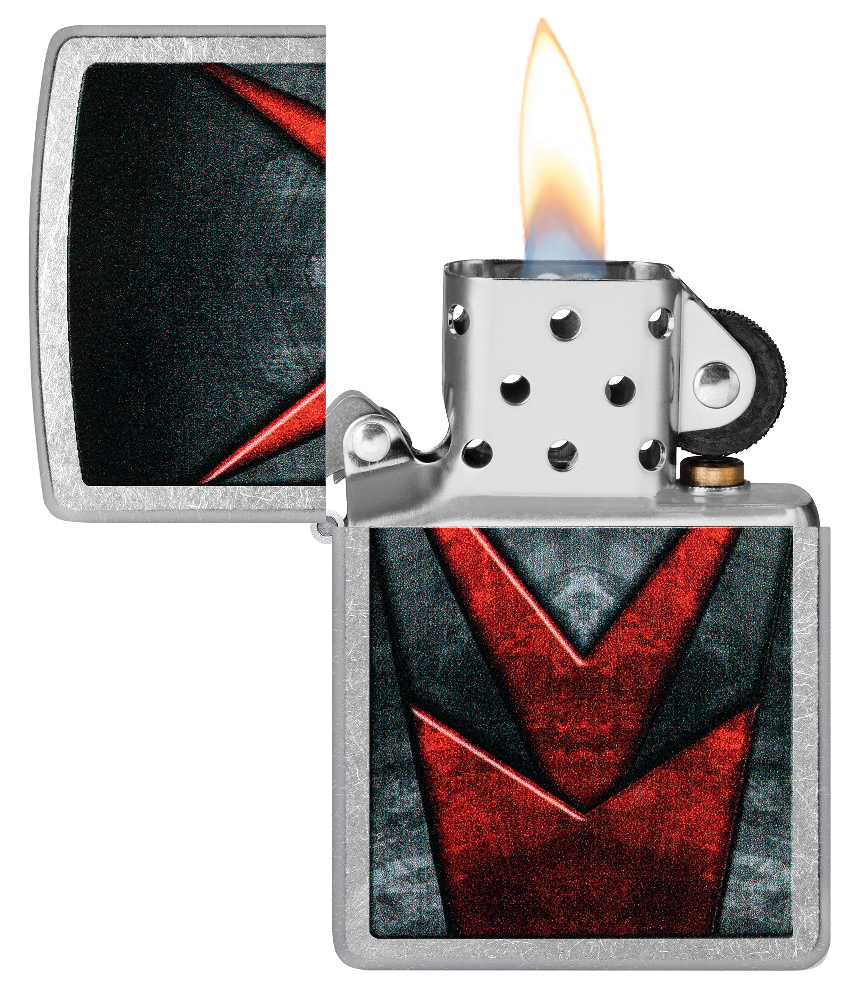 Zippo Metallic Pattern Design Street Chrome Windproof Lighter with its lid open and lit.