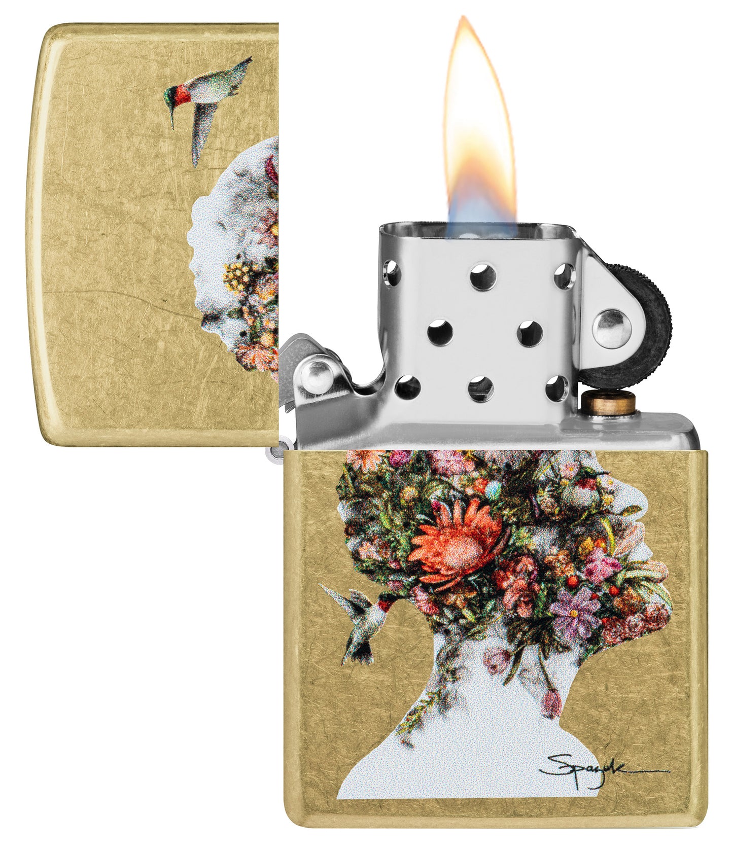 Zippo Spazuk Hummingbirds Design Street Brass Windproof Lighter with its lid open and lit.