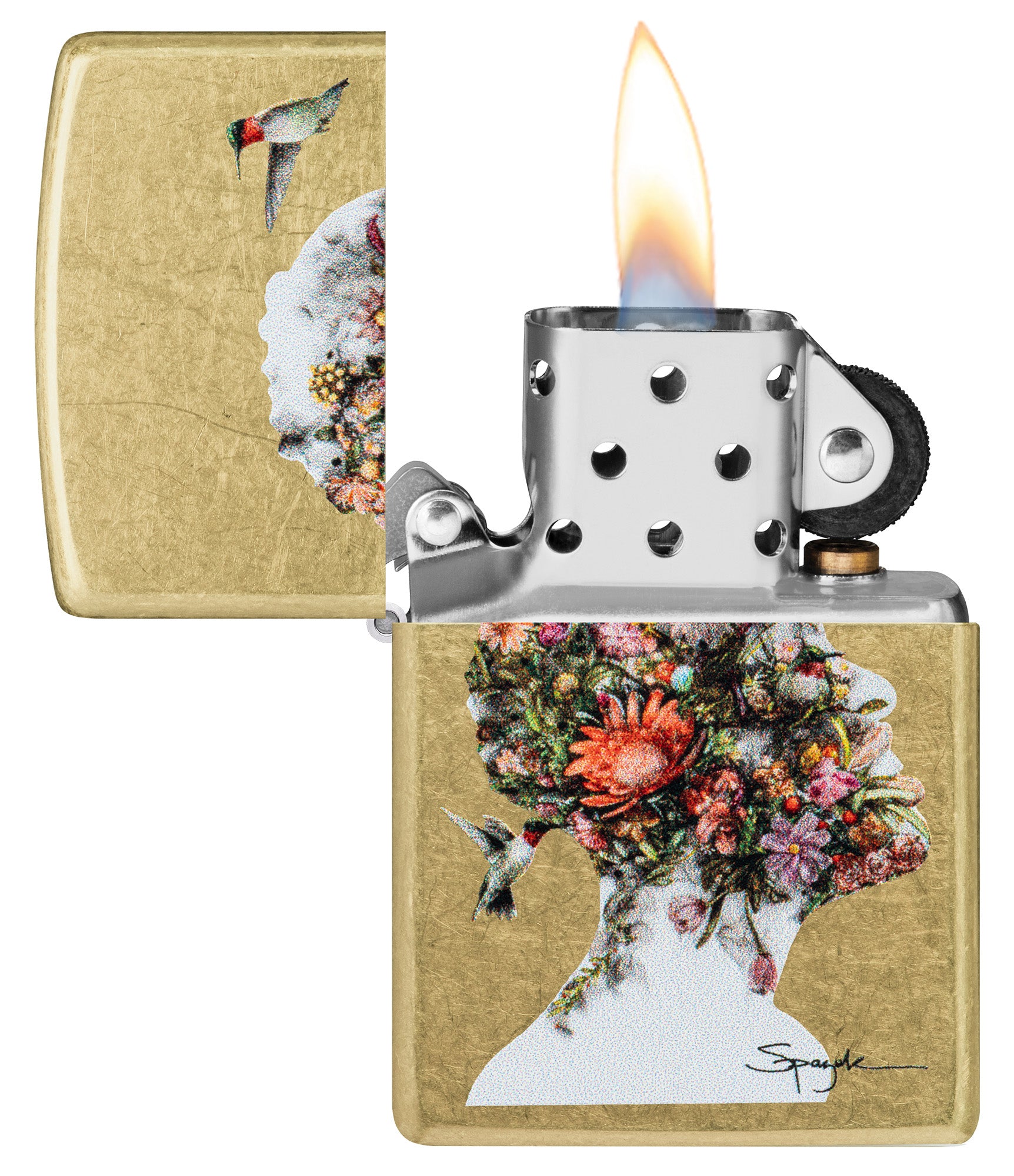Zippo Spazuk Hummingbirds Design Street Brass Windproof Lighter with its lid open and lit.