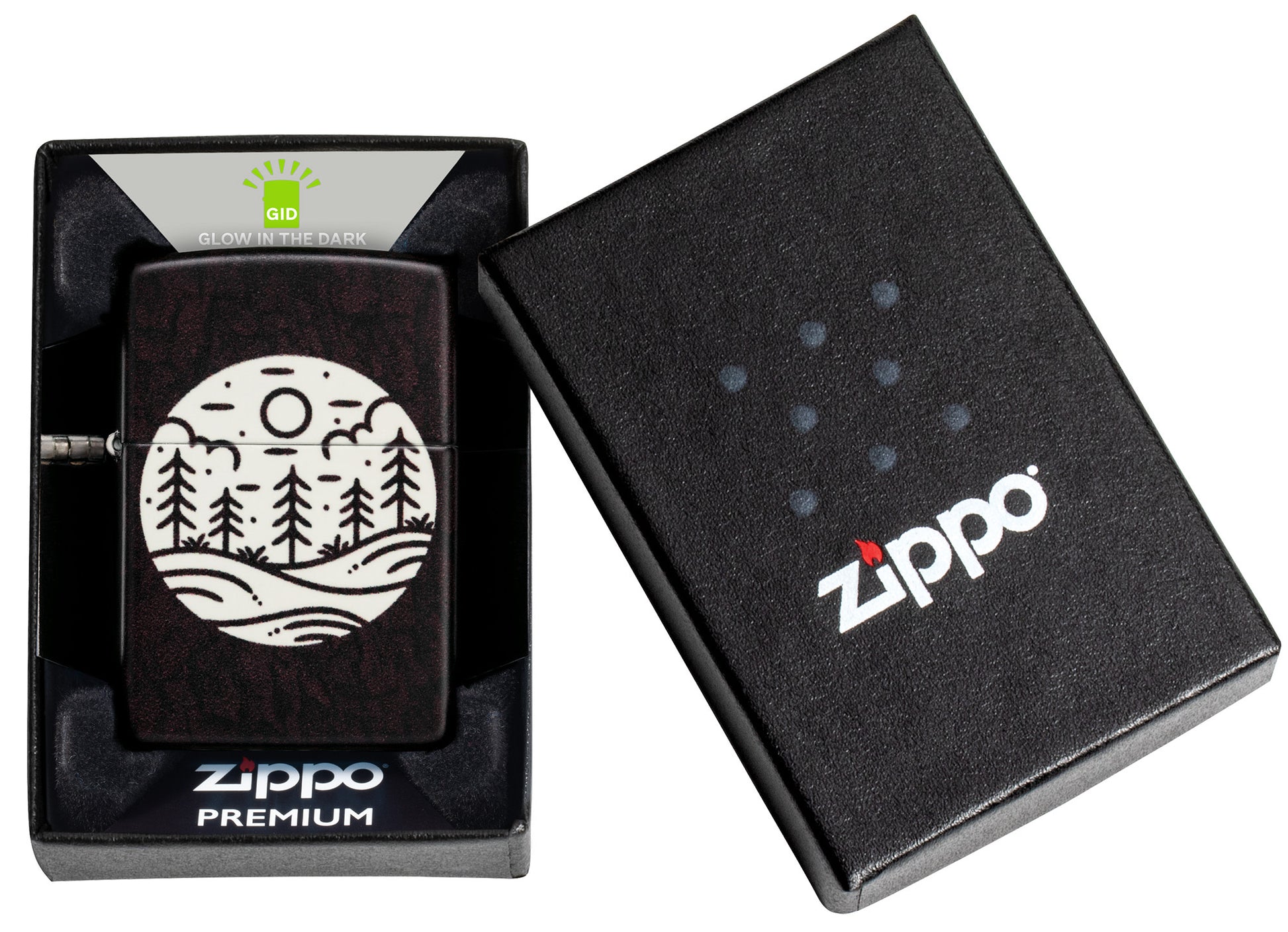 Zippo Moonlit Field Design 540 Color Glow in the Dark Windproof Lighter in its packaging.