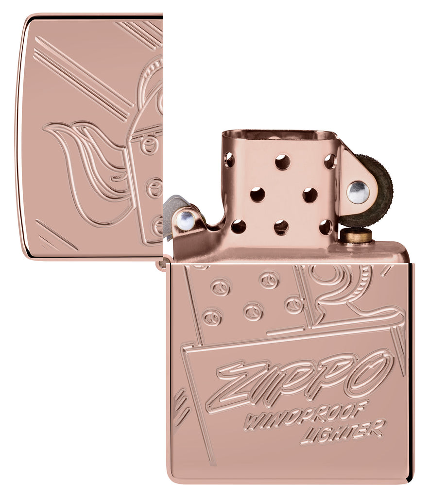 Zippo Script Collectible Armor Rose Gold Windproof Lighter with its lid open and unlit.