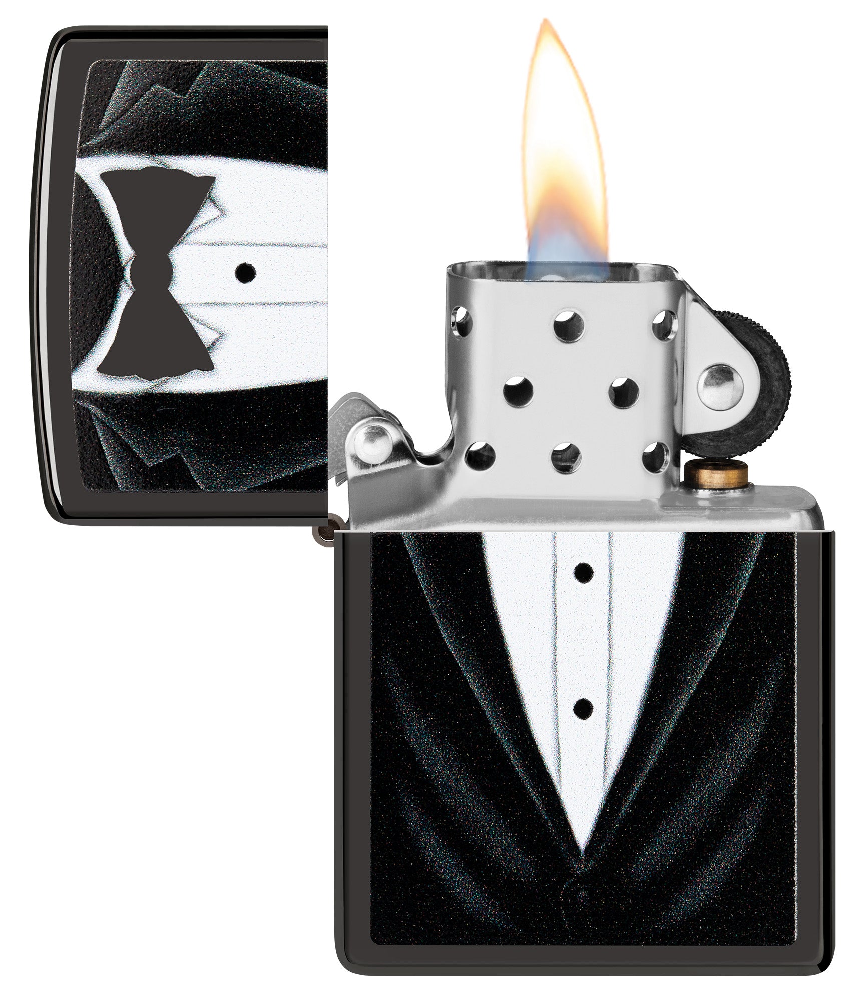 Black Bowtie Windproof Lighter with its lid open and lit
