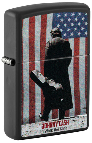 Front shot of Zippo Johnny Cash Walk the Line Black Matte Windproof Lighter standing at a 3/4 angle.