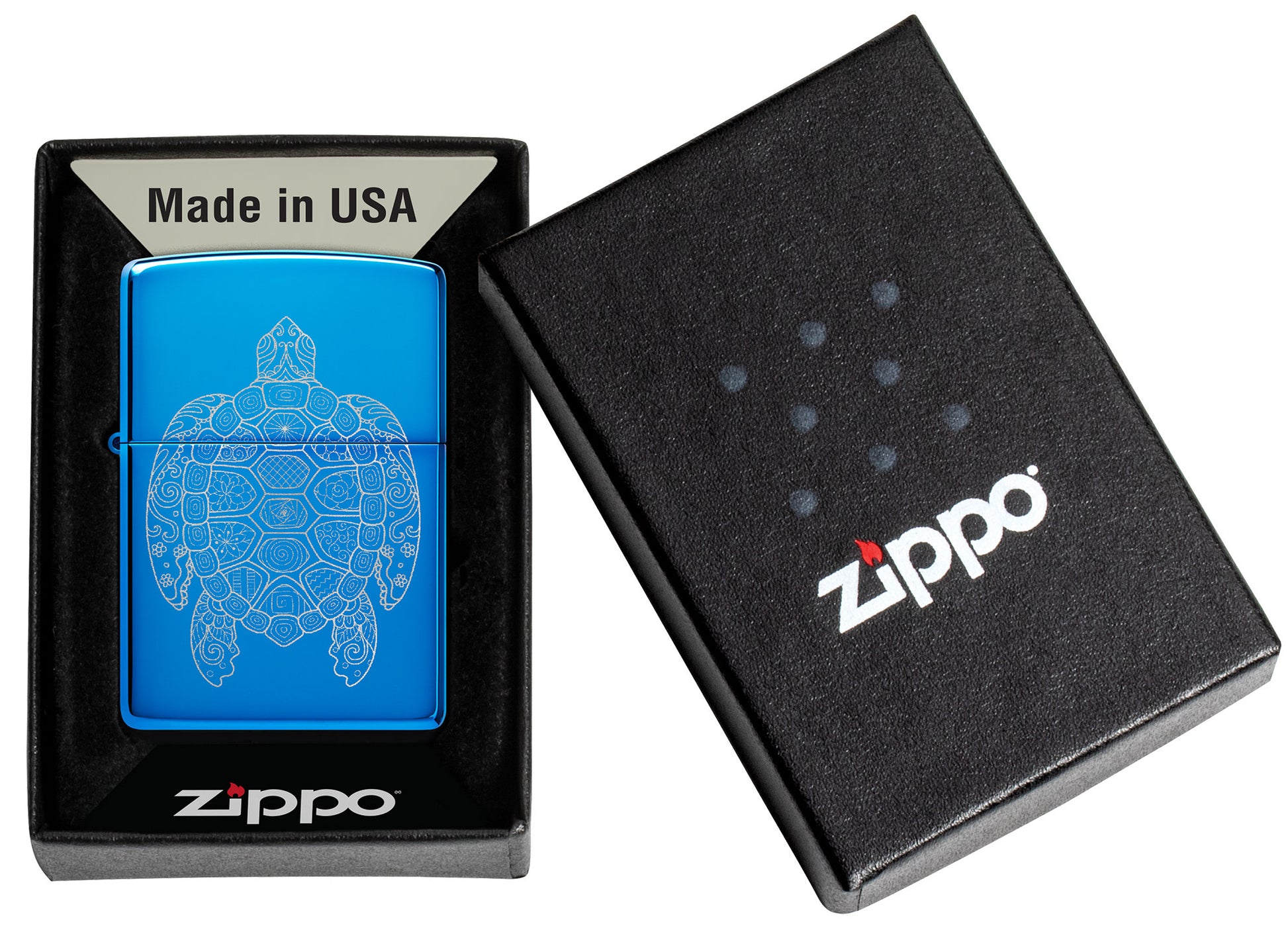 Zippo Zen Turtle Design High Polish Blue Windproof Lighter in its packaging.