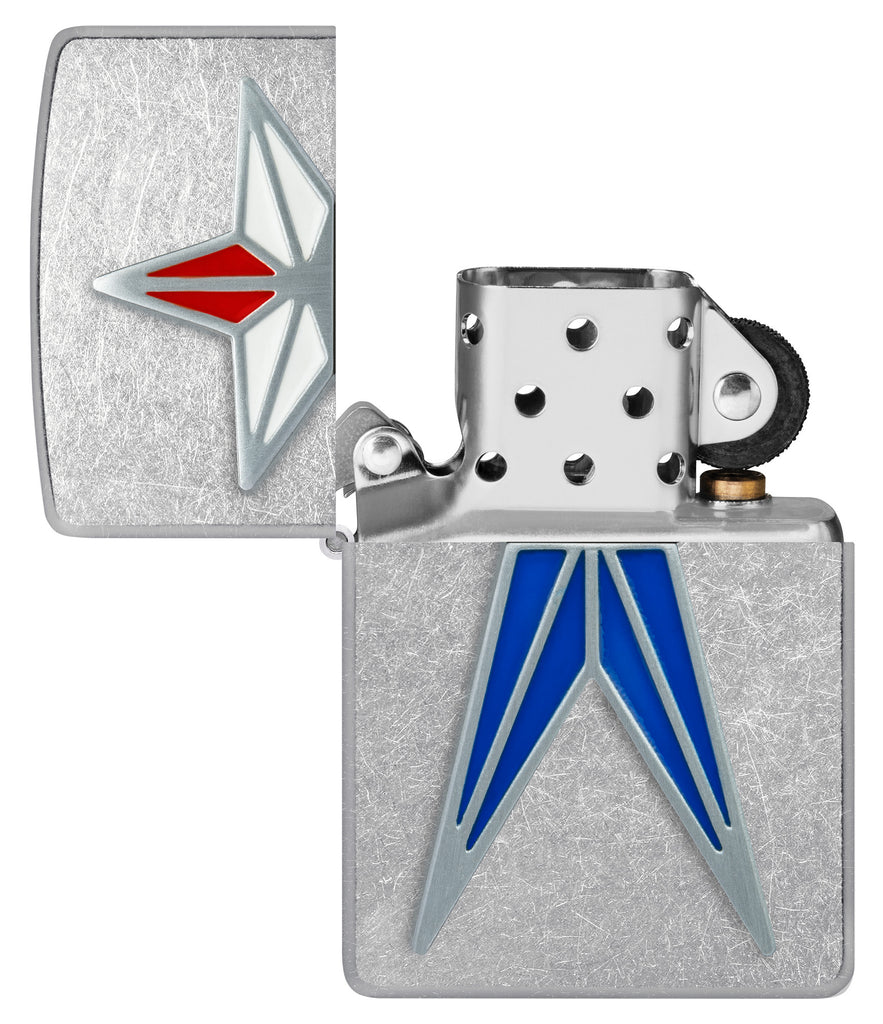 Zippo Red White and Blue Star Street Chrome Windproof Lighter with its lid open and unlit.