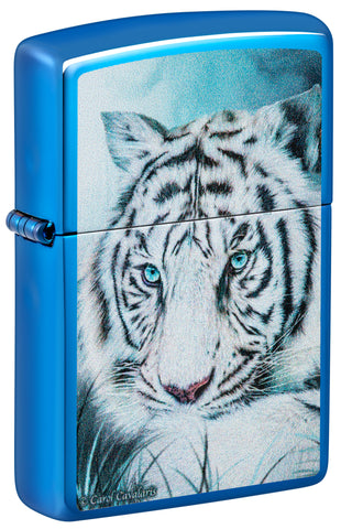 Front view of Zippo Carol Cavalaris High Polish Blue Windproof Lighter standing at a 3/4 angle.
