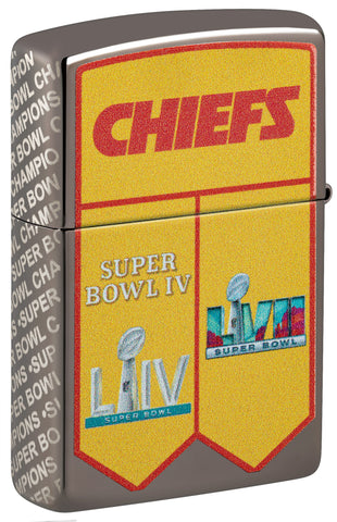 Back shot of Zippo NFL Kansas City Chiefs Super Bowl Commemorative Armor Black Ice Windproof Lighter standing at a 3/4 angle.