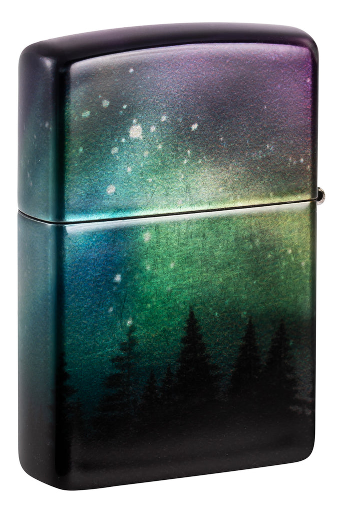 Back shot of Zippo Colorful Sky Design 540 Tumbled Chrome Windproof Lighter standing at a 3/4 angle.