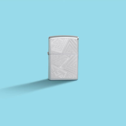 Lifestyle image of Zippo Which Way? Design Satin Chrome Windproof Lighter in a blue scene.