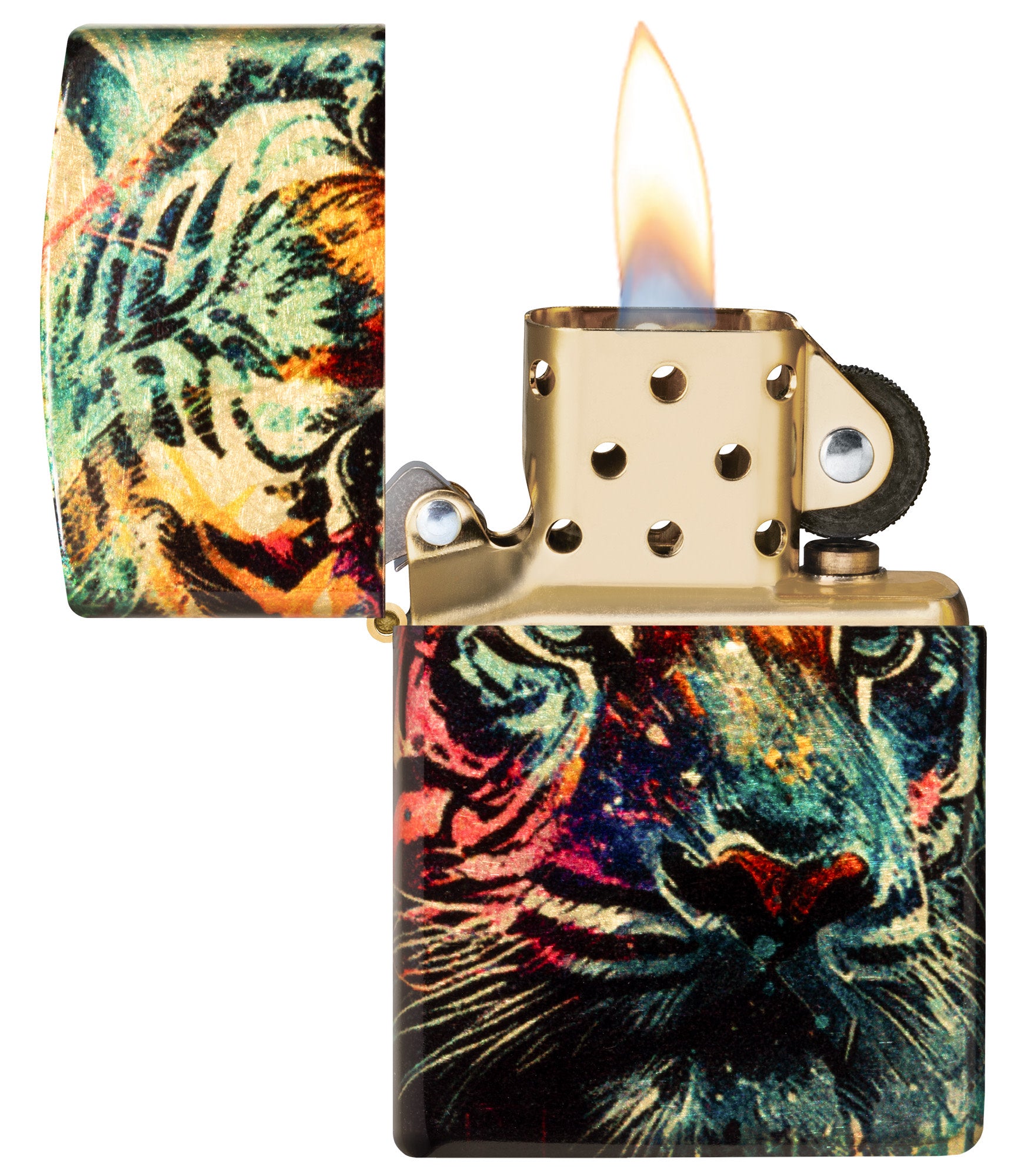 Zippo Painted Tiger Design 540 Tumbled Brass Windproof Lighter with its lid open and lit.