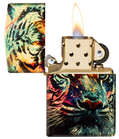 Zippo Painted Tiger Design 540 Tumbled Brass Windproof Lighter with its lid open and lit.