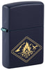 Front shot of Zippo Campfire Design Navy Matte Windproof Lighter standing at a 3/4 angle.