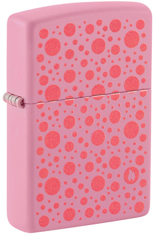 Front shot of Zippo Polka Dot Design Pink Matte Windproof Lighter standing at a 3/4 angle.