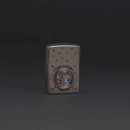 Lifestyle image of Zippo Ocean Crystal Black IceÂ® Windproof Lighter on a dark grey background.