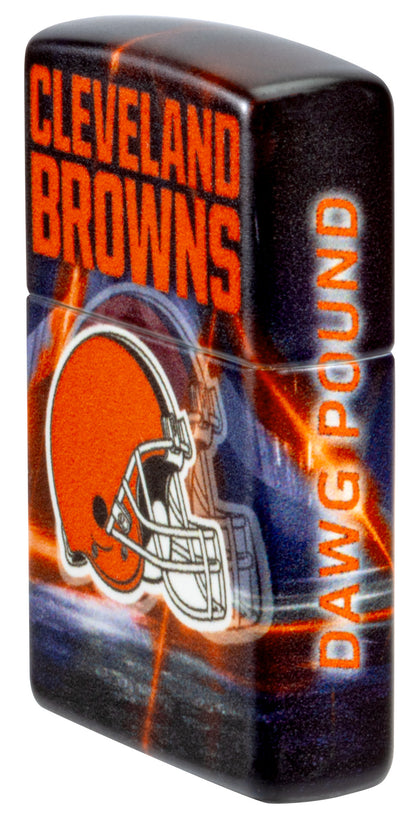 Angled shot of Zippo NFL Cleveland Browns 540 Matte Windproof Lighter showing the front and right sides of the lighter.