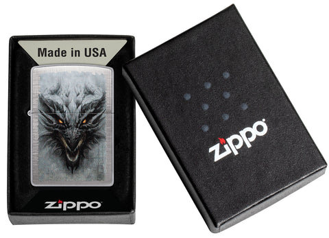 Zippo Dragon Design Linen Weave Windproof Lighter in its packaging.
