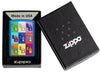 Zippo Pop Art Design Sky Blue Matte Windproof Lighter in its packaging.