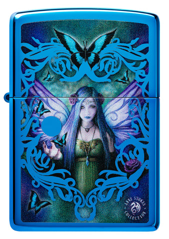 Front view of Zippo Anne Stokes Collection High Polish Blue Windproof Lighter.