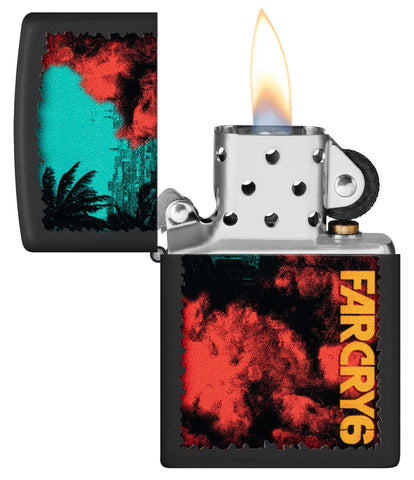 Zippo Far Cry Design Black Matte Windproof Lighter with its lid open and lit.